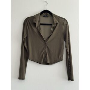 Forever 21 Army Green Mesh Blouse Button Shirt Women's M Medium